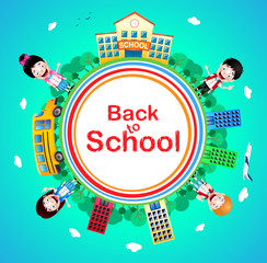 Back to School Text on a Circle with School Building and School Bus with Happy Kids Vector Characters on Blue Background. Vector Illustration 
