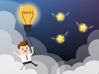 businessman flying in light bulb ideas like air balloon with stars on clouds with beautiful sky