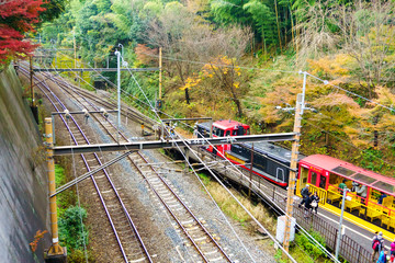 Kyoto, Japan - December 3, 2015: Sakano Romantic Train at Arashiyama station