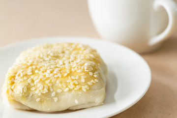 Pie topping sesame serve with coffee for breakfast.
