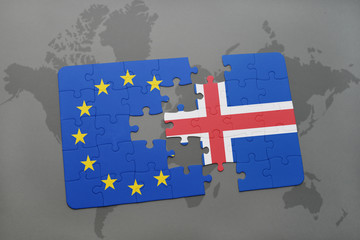 puzzle with the national flag of iceland and european union on a world map background. © luzitanija