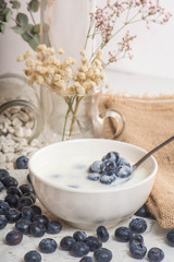Obraz na płótnie Canvas Juicy and fresh blueberries on the spoon with yogurt