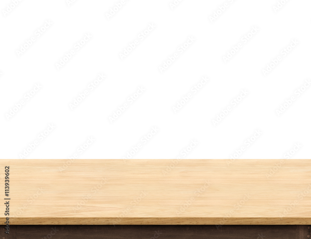 Poster empty light wood table top isolate on white background, leave sp