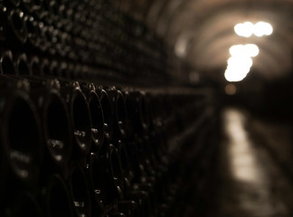 rows of many champagne bottles in an old underground wine cellar