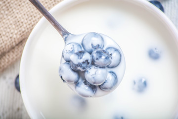 Juicy and fresh blueberries on the spoon with yogurt