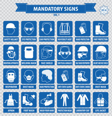 mandatory signs, construction health, safety sign used in industrial applications (safety helmet, gloves, ear protection, eye protection, foot protection, hairnet, respirator, mask, antistatic, apron)