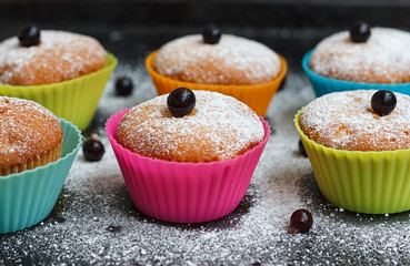 Muffins with black currant in silicone forms sprinkled