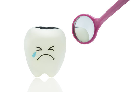 Crying tooth toy emotion with dental mirror on white background