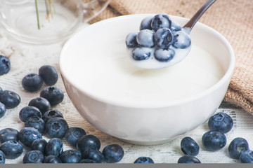 Juicy and fresh blueberries on the spoon with yogurt