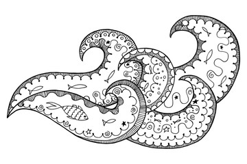 Wawe zen tangle and zen doodle vector. Ocean zentangle and zendoodle. Sea zenart. Fish coloring book.