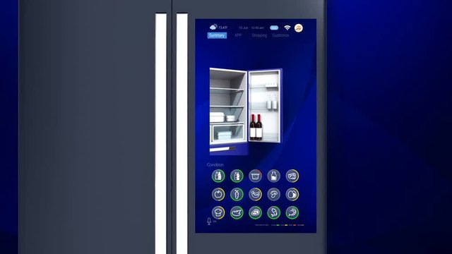 3D animation of smart refrigerator touch interface. User can manage food or purchase via online shop.