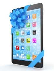 Black tablet with blue bow and icons. 3D rendering.