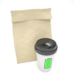 Coffee to go and lunch bag, on white. 3d rendering.