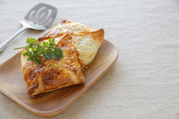 Homemade chicken puff pie, selective focus