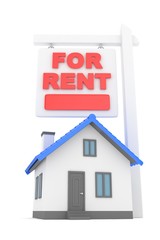 Isolated model of house with sign for rent. Concept of real estate, new apartment and moving to a new house. 3D rendering.