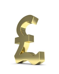 Isolated golden pound sign on white background. British currency. Concept of investment, european market, savings. Power, luxury and wealth. Great Britain, Nothern Ireland. 3D rendering.