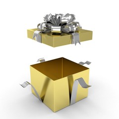 open gift box with bows isolated on white. 3d rendering.