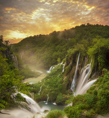 Plitvice waterfalls at sunrise
