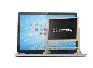  Laptop with chalkboard, e-learning, online education concept. 3d rendering.