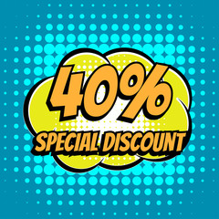 40 % special discount comic book bubble text retro style