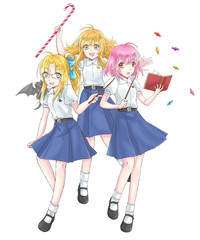 Cartoon illustration group of cute modern schoolgirl fantasy witch students in Thai high school...