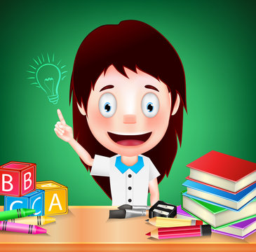 Smiling Girl Student Character with Idea on Green Background. Vector Illustration
