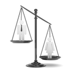 Isolated old fashioned pan scale with man and woman on white background. Gender inequality. Female is heavier. Law issues. Silver model. 3D rendering.