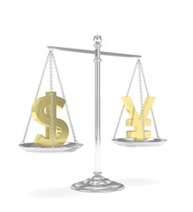 Isolated old fashioned pan scale with dollar and yuan,yen on white background. American and chinese and japanese currency. Currency equality. 3D rendering.