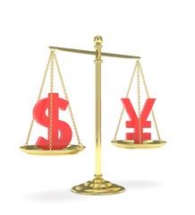 Isolated old fashioned pan scale with dollar and yuan,yen on white background. American and chinese and japanese currency. Currency equality. red money. 3D rendering.