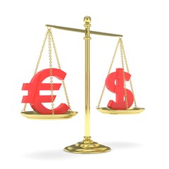 Isolated golden scales with red dollar and euro currency. American and european finance. Measuring of market stability. 3D rendering.