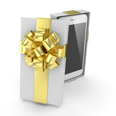 Smartphone in gift box. Isolated on white background. 3d rendering.