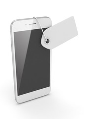 White smart phone with white price tag on white background. Identification, price, label. 3D rendering.