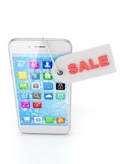 White smart phone with red sale label on white background. Best offer. Leader of sales. 3D rendering.
