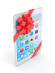 White tablet with red bow and icons. 3D rendering.