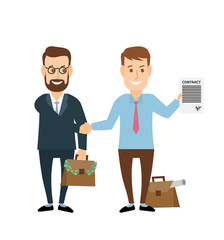 two business men shaking hands closing a deal and signing contract isolated on white background