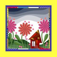 Fairy house surrounded by flowers. Bandana print or silk neck scarf. Square pattern design style for print on fabric. Fantasy vector illustration in bright ornamental frame.