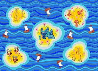 Seamless map of fantasy lands. Islands with fairy town, birds, dragons and trees. Ocean with blue waves and ships. Childish vector illustration. Can be used for floor carpeting, wallpapers, fabrics.