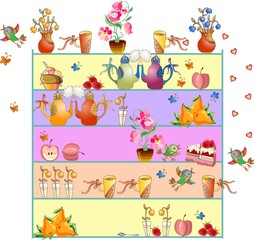 Shelves with teapots, teacups, flowers, apples, pears, cakes, flying birds and butterflies. Cute kitchen design. Beautiful colorful hand drawn vector illustration.