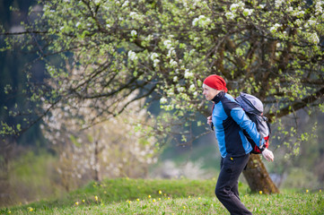 Woman in a red scarf on her head and blue jacket dresses the backpack on top of hill with blooming tree and forest valleys as blurred background.