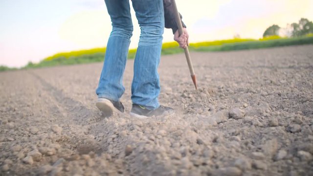 Farmer Using Hoe On Dirt At Farm