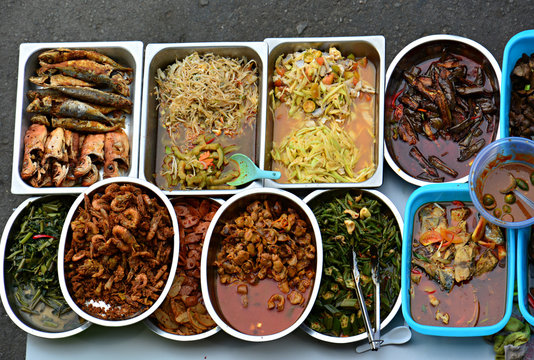 Variety Of Delicious Malaysian Local Food Culinary  Sold At Street Market