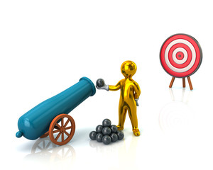 Golden man, cannon and target
