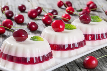  cherry panna cotta of sweetened cream thickened with gelatin