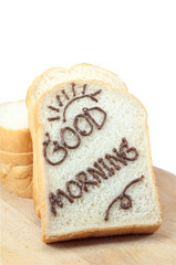 Bread slice with chocolate and word 