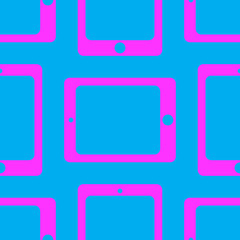 Pink tablet PC on a blue background. Seamless pattern