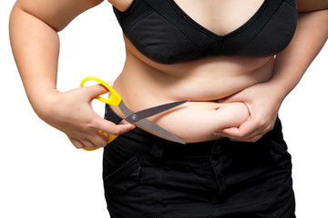 fat woman Cut belly fat and cellulite by scissors weight loss plastic surgery concept