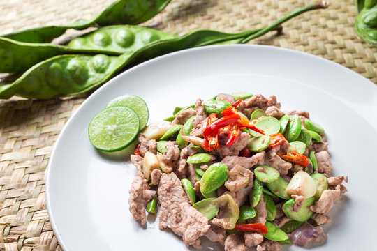 Thai food Fired Parkia speciosa bean call Pad Sa Tor