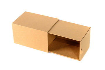 Brown cardboard box package with cover, isolated on white backgr