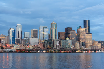 Fototapeta na wymiar Panoramic view of Seattle Downtown and Space Needle from Puget Sound