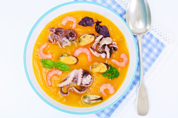 Pumpkin Soup with Seafood and Cream